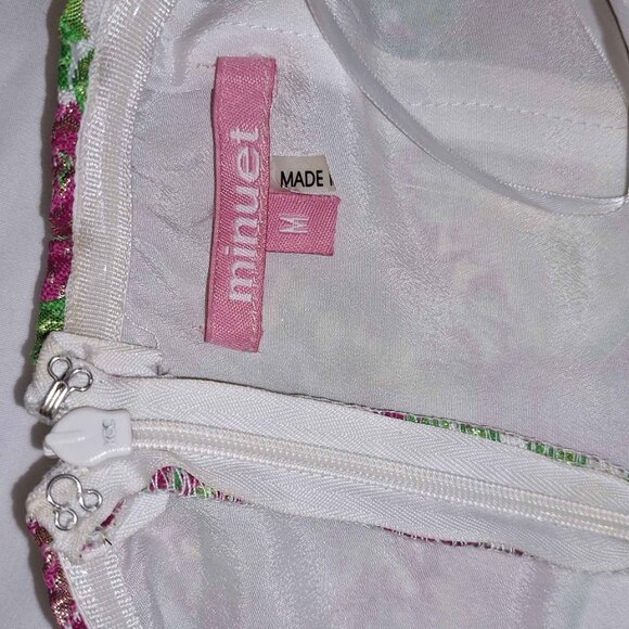 Minuet Strapless Floral Cocktail Dress M Metallic Roses Pink Green Gold Pa - Picture 4 of 5